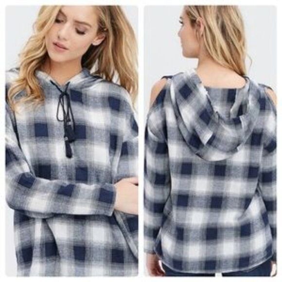 A Girl Thing Tops - Cold shoulder plaid hooded top